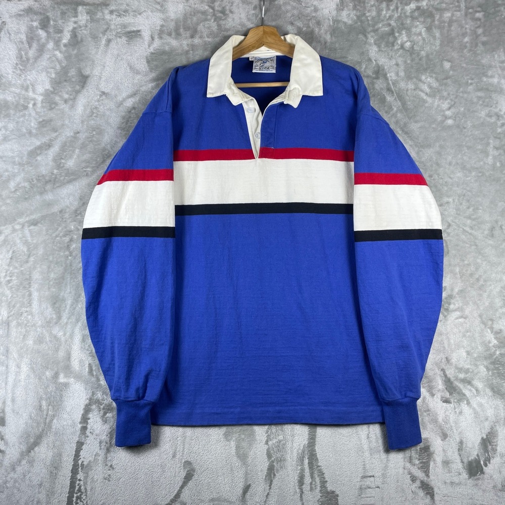 Vintage Lands End Rugby Shirt Mens XL Blue Striped Long Sleeve Made in USA Heavy
